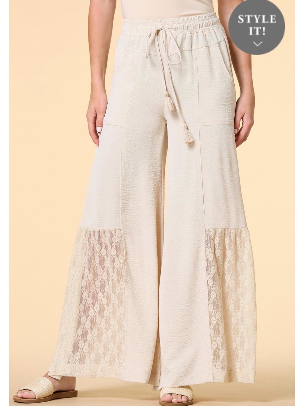 Lace Panel linen Wide-Leg Pants